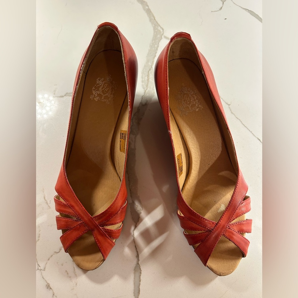 Red leather & wood wedge heels